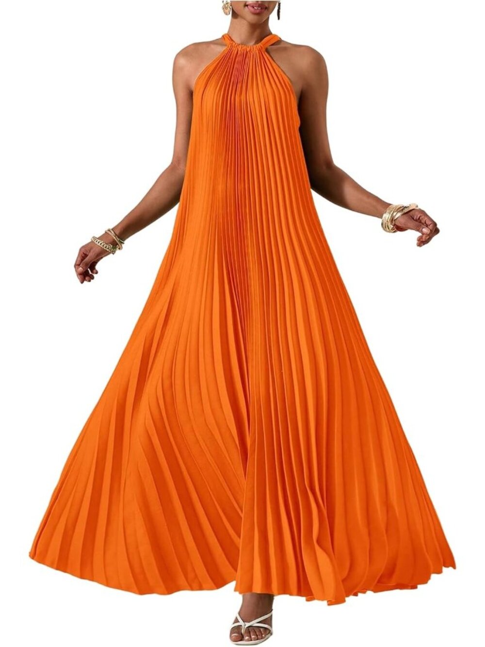 〽️Orange Halter Maxi Dress Women's Pleated A Line Flowy Summer Party Dress